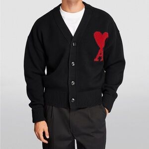 Ami Black Cardigan with Red Heart Accent